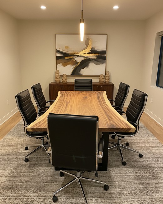 Live edge Parota conference table with black leather chairs in modern office