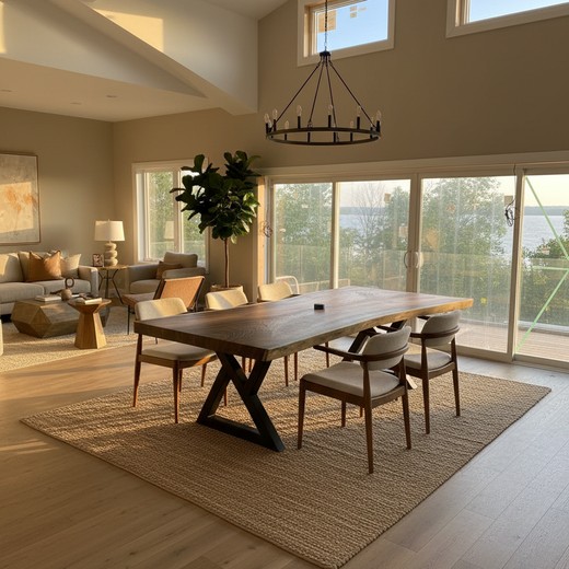 Live edge Parota dining table with X-base legs in vaulted great room