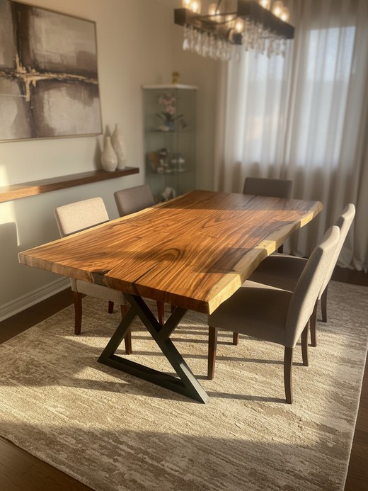 Formal dining room with live edge Parota table and Z-base legs
