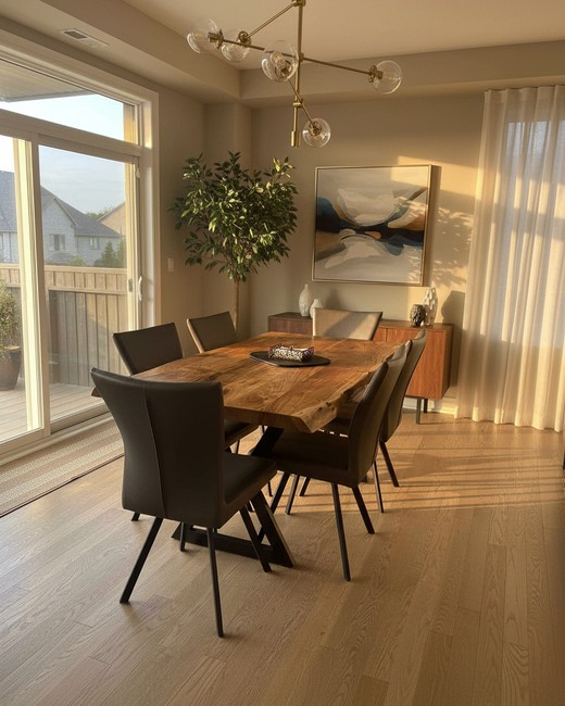 Live edge Parota dining table with X-base legs and grey upholstered chairs