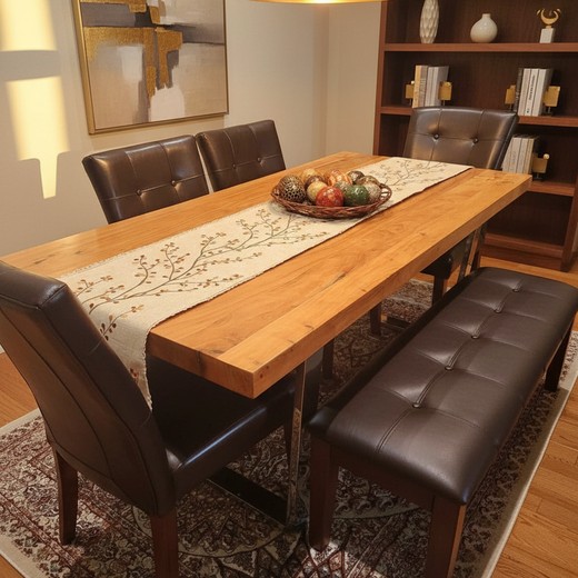 Parota dining table with tufted bench seating in traditional dining room