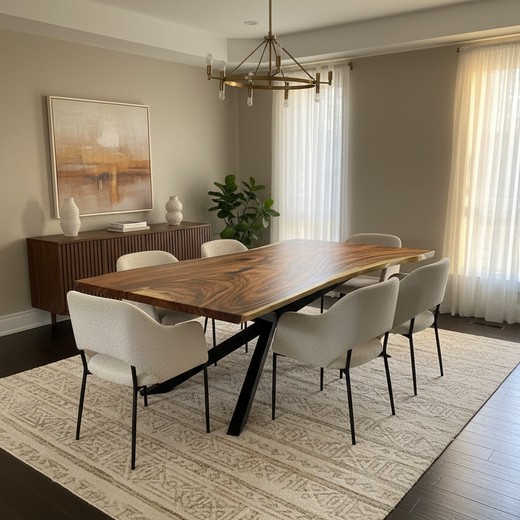 Live edge Parota dining table with black X-base legs in elegant dining room