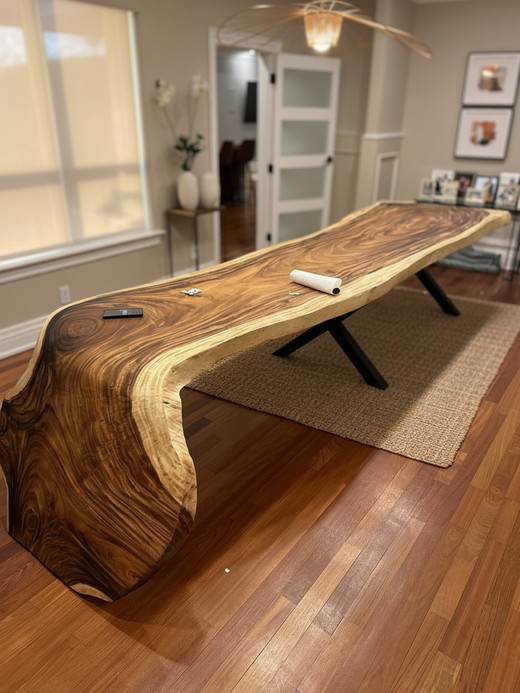 Massive waterfall edge Parota slab table with X-base legs