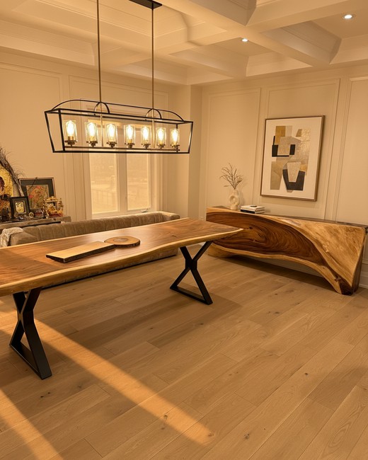 Parota dining table with matching waterfall bench and X-base legs