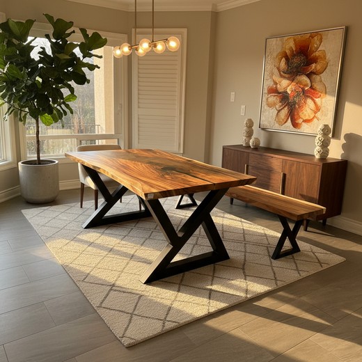 Live edge Parota table and bench with Z-base legs