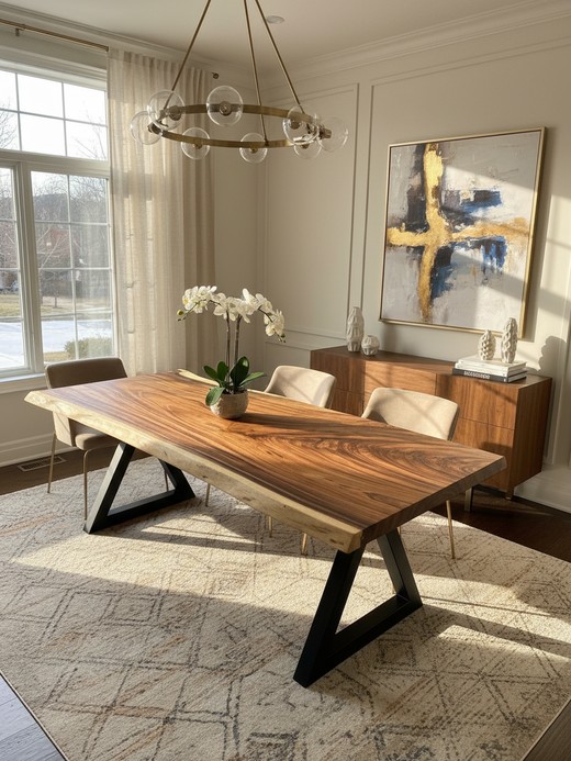 Single slab Parota dining table with live edge and Z-base legs
