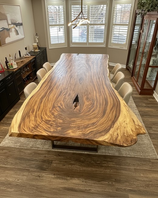 Massive Parota slab table with dramatic grain pattern and natural void