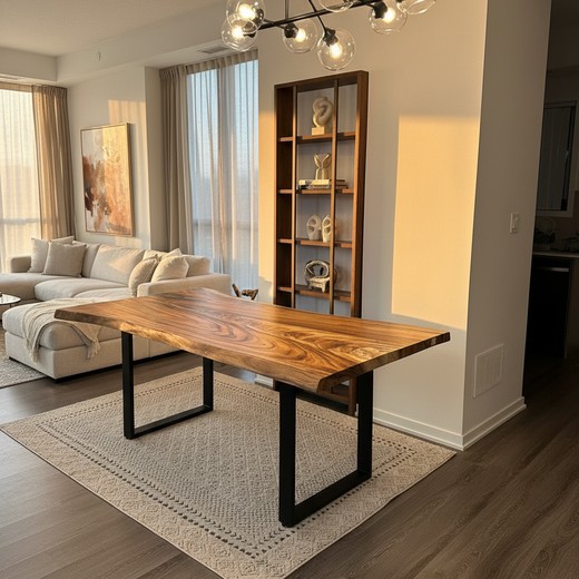 Parota dining table with U-base legs in modern apartment