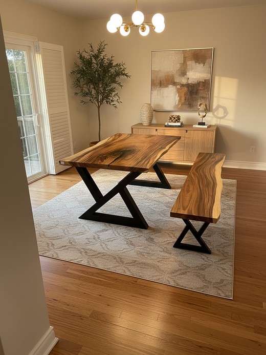 Parota dining table with matching epoxy river bench and Z-base legs