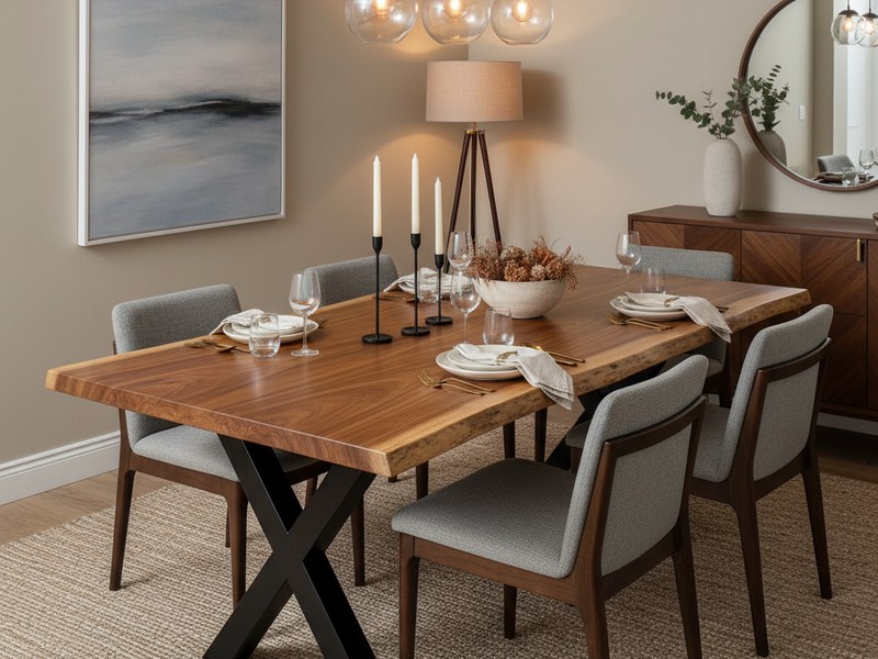 Parota dining table with black X-base in elegant dining room