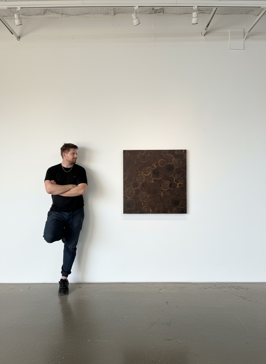 Nick Catreau with Kovara endgrain wall art piece in gallery setting